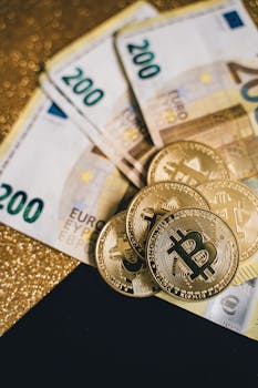 Close-up of Euro banknotes with Bitcoin coins on a glittery background symbolizing modern currency and investment.