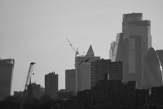 Monochrome view of London's skyline featuring cranes and modern high-rise architecture.