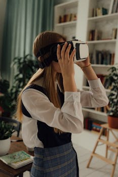 Teenage girl in school uniform explores virtual reality using a VR headset indoors.